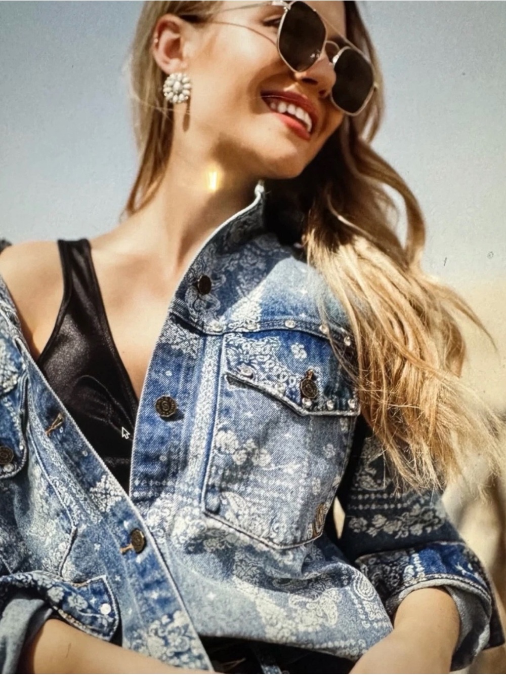 Rhinestone Denim Jacket sz L STERLING & STITCH Jean shirt jacket